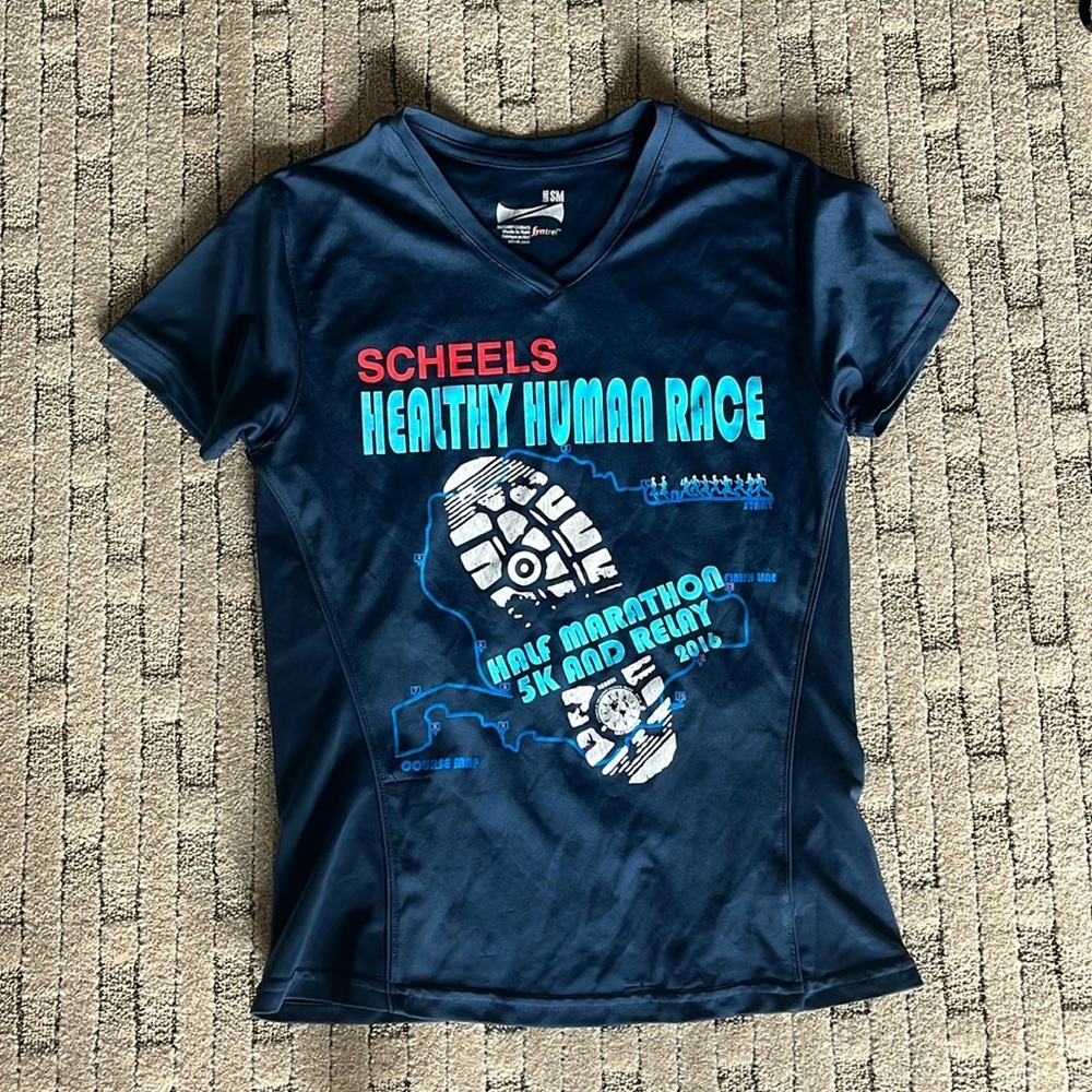 Scheels healthy human race vneck navy moisture wicking tshirt